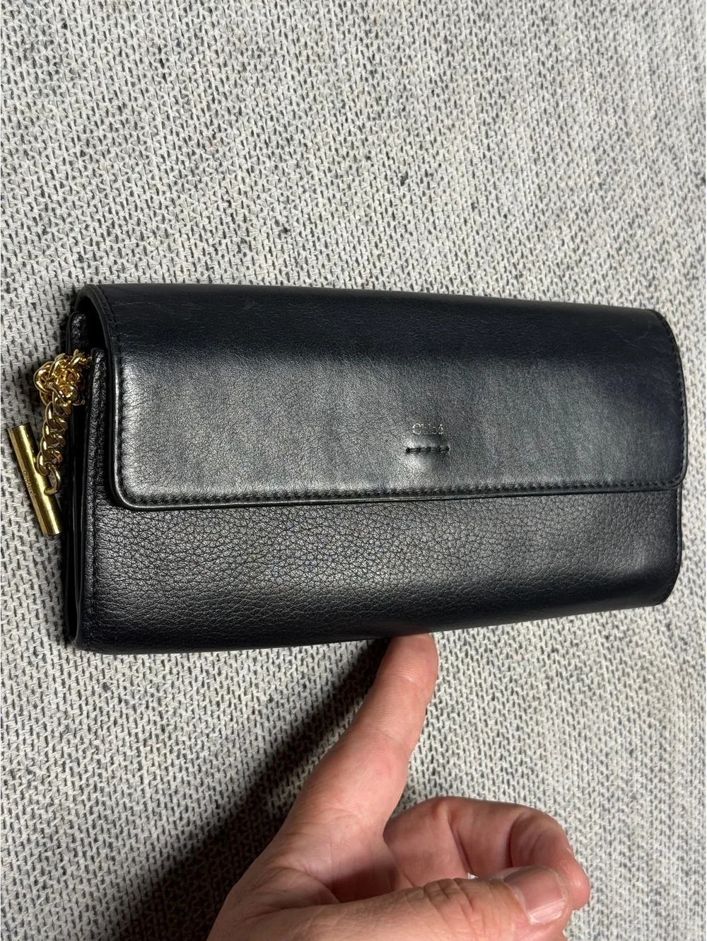 Chloe Black Leather Wallet with Gold Chain Detail